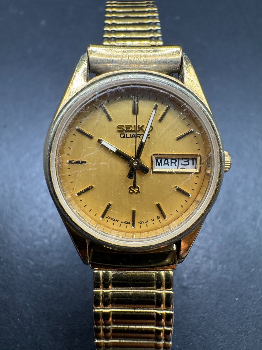 Vintage Seiko SQ Quartz Watch Women's Gold Tone Day Date 3423-0099 21.mm